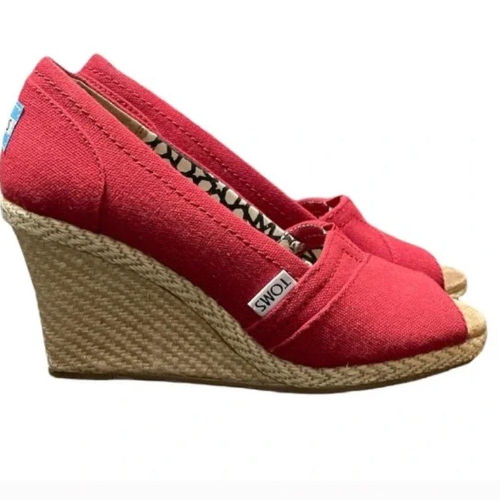 TOMS Womens Red Espadrille Wedge Heels